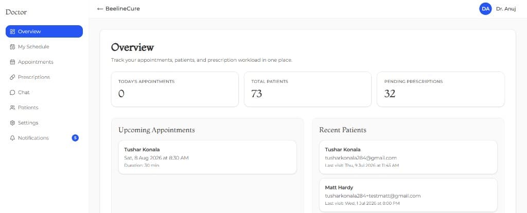 BeelineCure doctor dashboard showing appointments, patients, and prescriptions